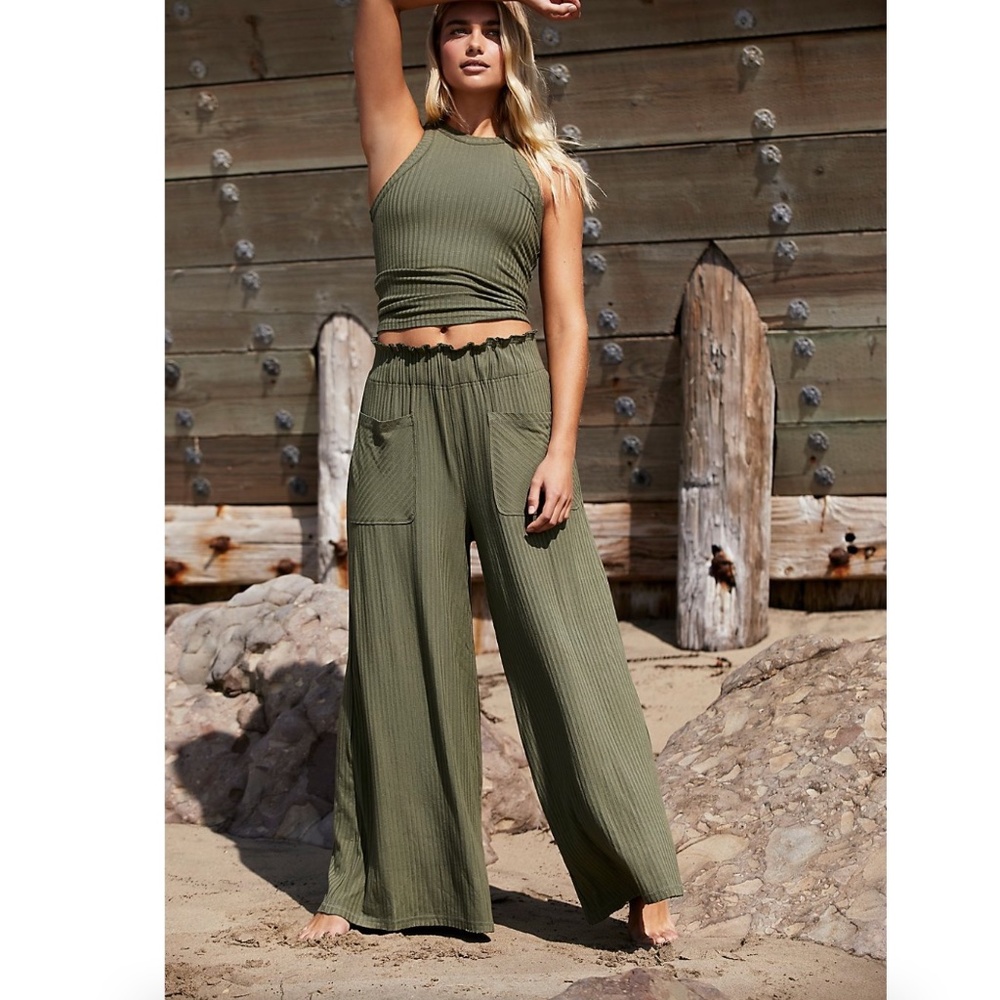 FREE PEOPLE BLISSED OUT WIDE-LEG PANT CARGO KHAKI SIZE